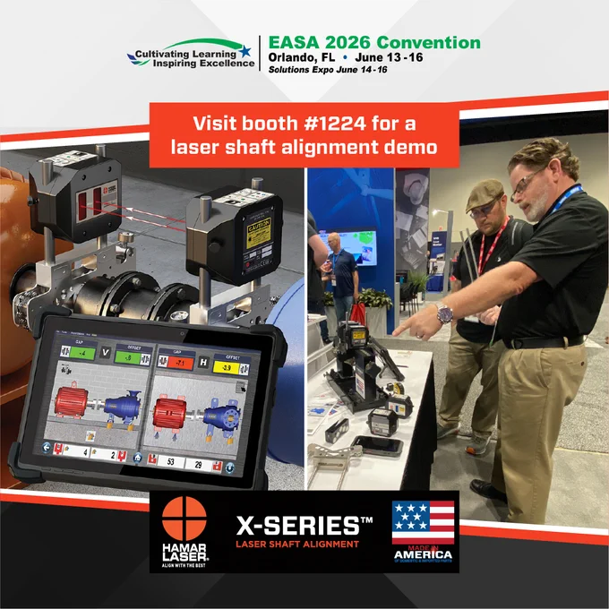 X-Series laser shaft alignment booth display promoting Booth 1224 at EASA 2026 in Orlando, with Terry Southall attending and presenting during the event.