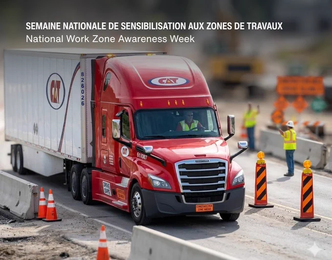 A red semi truck driving slowly through an active highway construction zone. Concrete barriers and orange traffic cones line the roadway. Temporary black and orange road signs mark lane changes. Several construction workers wearing high visibility safety vests and hard hats stand near the barriers, guiding traffic. Text on the image reads “Semaine nationale de sensibilisation aux zones de travaux” and “National Work Zone Awareness Week.”