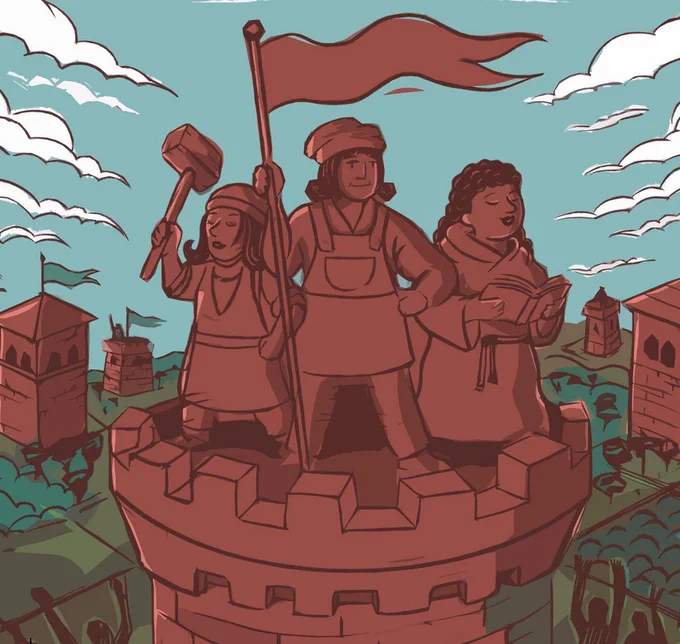 Conversion sketch from Revolt Of The Commons design document: document cover with three rebels on top of a tower.