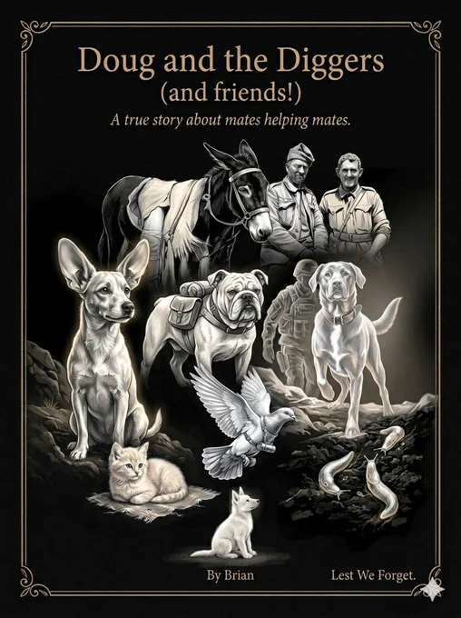 Children's book cover: Doug and the Diggers (and friends!) — A true story about mates helping mates. Inverted gouache illustration on black ground. A gathering of wartime animal companions arranged in a vertical portrait: a donkey with two smiling soldiers at the top; Horrie the desert dog with large ears on the left; Digger the bulldog with his pack; Sarbi the Labrador striding forward; a carrier pigeon in flight; a kitten on a small rug; luminous slugs on dark earth. At the bottom, a small white German Shepherd puppy — Doug — sits watching them all. Text reads: By Brian. Lest We Forget.