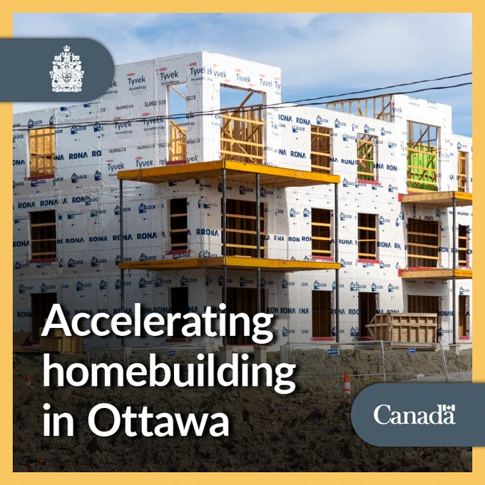 Affordable housing units under construction. Text: Accelerating homebuilding in Ottawa. 