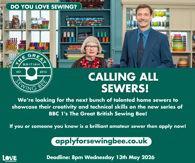 Green flyer for the Great British Sewing Bee. Key info I have put in the text of the tweet. There's a pic of a short woman with a grey bob and a taller man with a grey fluffy moustache.  