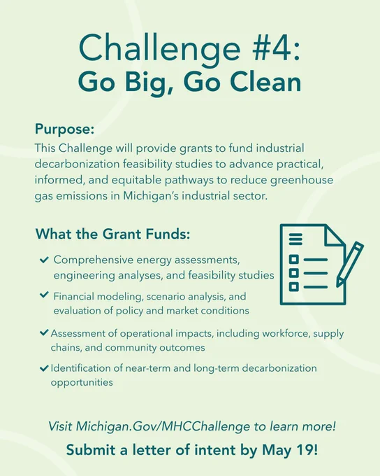 Informational graphic titled “Challenge #4: Go Big, Go Clean.” Text explains the purpose of the challenge—funding industrial decarbonization feasibility studies in Michigan. A section labeled “What the Grant Funds” lists types of eligible studies, including energy assessments, engineering analyses, financial modeling, policy evaluation, operational impact assessments, and identification of decarbonization opportunities. An icon of a checklist appears on the right. Bottom text urges users to visit Michigan.gov/MHCChallenge and submit a letter of intent by May 19.