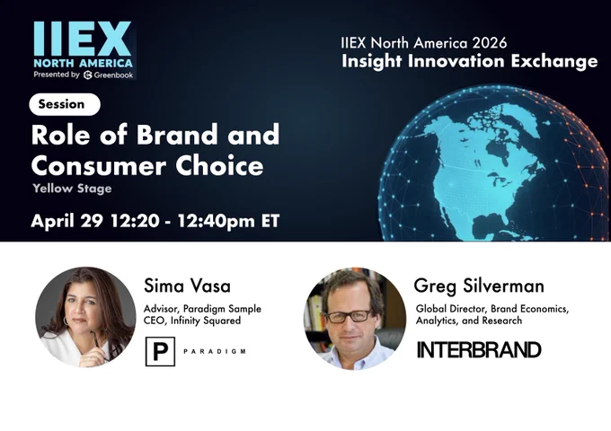 Role of Brand is coming to IIEX North America!

On April 29th check out the Session “Role of Brand and Consumer Choice” on the Yellow Stage at 10:20am ET. Featuring Sima Vasa(Advisor Paradigm Sample and CEO of Infinity Squared Ventures) and Greg Silverman(Global Director of Brand Economics, Analytics, and Research at Interbrand)

Learn more here: https://www.greenbook.org/events/iiex-north-america/agenda

#roleofbrand #IIEX #brand #MRS