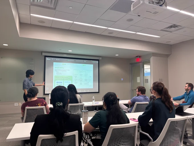 Dr. Janet Lorv giving a presentation at Syngenta with the Career Exploration Initiative attendees and Dr. Rachel Egger. 