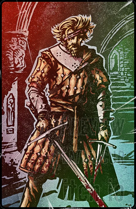 Full‑color illustration of a one‑eyed veteran warrior with bandaged eye, messy hair, worn gambeson and metal gorget, holding a sword and a large dagger inside a crypt. Grim dark fantasy art.