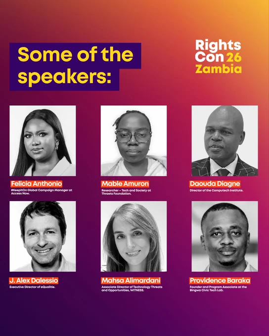 Some of the speakers:

Felicia Anthonio
#KeepItOn Global Campaign Manager at AccessNow

Mable Amuron
Researcher – Tech and Society at Thraets Foundation, Kampala, Uganda

Daouda Diagne
Director of the Computech Institute, Dakar, Senegal

J. Alex Dalessio
Executive Director of eQualitie

Mahsa Alimardani
Associate Director of Technology Threats and Opportunities, WITNESS

Providence Baraka
Founder and Program Associate at the Bingwa Civic Tech Lab, DRC