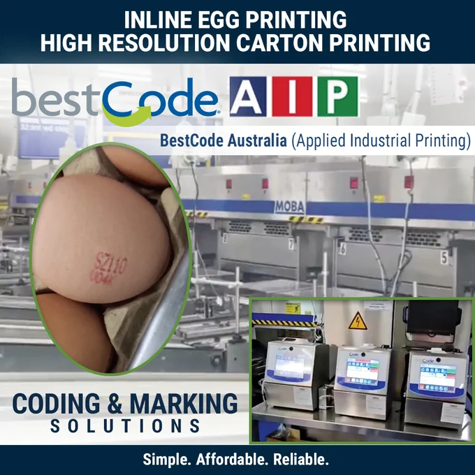 BestCode in Action — Egg Production

BestCode Australia (Applied Industrial Printing) — Integrated Egg Farm Coding Solution
April 2026

Applied Industrial Printing has completed another installation at an egg farm in Australia — delivering a complete, integrated coding solution built for high-speed production. Inline egg printing directly on the Moba grader, high-resolution carton printing for export date, batch and barcodes, all from one centralized system fully synchronized from egg to carton. No manual handling. No guesswork. No compliance risk. Every egg coded. Every carton matched. Every shipment audit-ready.