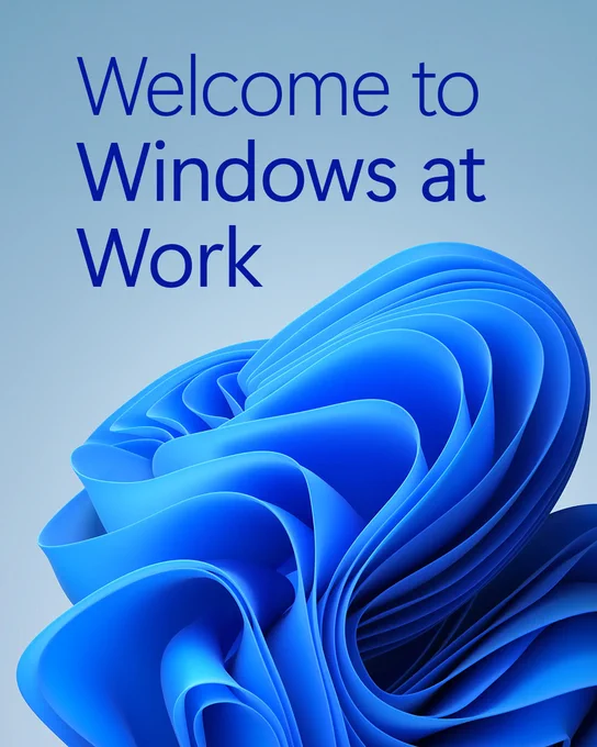 Graphic with abstract blue Windows 11–style folded shapes on a light blue background and the text “Welcome to Windows at Work” displayed prominently.