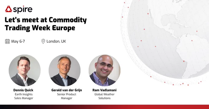 Spire Weather & Climate experts attending Commodity Trading Week Europe, May 6–7, London: Dennis Quick (Earth Insights Sales Manager), Gerald van der Grijn (Senior Product Manager), and Ram Vadlamani (Global Weather Solutions).