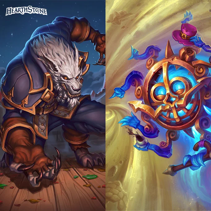 A split image showing a werewolf and a clockwork creature from Hearthstone. On the left, a fierce werewolf crouches on a wooden surface with shards scattered around. On the right, a blue and gold clockwork figure hovers against a swirling, sandy background.
