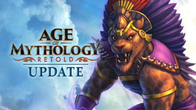 Update graphic for Age of Mythology: Retold featuring Tezcatlipoca, an Aztec god depicted as an anthropomorphic jaguar. He's in a crouched position atop a stone, with his face turned into a snarl. He is adorned in a purple, gold, and red feathered headdress, and his right clawed hand is curled with a purple aura surrounding it.