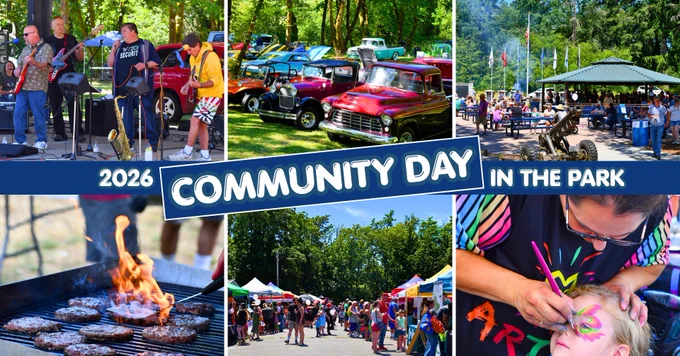 Collage of Community Day including band playing music, car show, face painting, burgers being grilled with flames, vendor row and people in park by a gazebo
