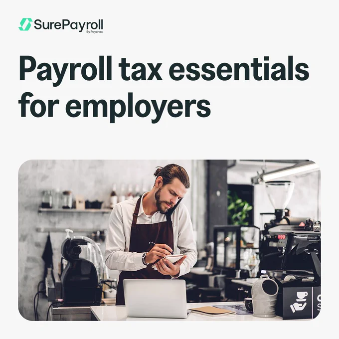A person in a café writes in a notebook using a pen. Nearby are coffee-making equipment and cups. The image includes the text "SurePayroll" and "Payroll tax essentials for employers."