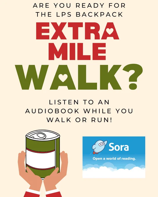 A poster promoting "Extra Mile Walk" which encourages listeners to an audiobook while walking or running. The poster shows a pair of hands holding a can with the Sora logo, suggesting the audiobook platform.