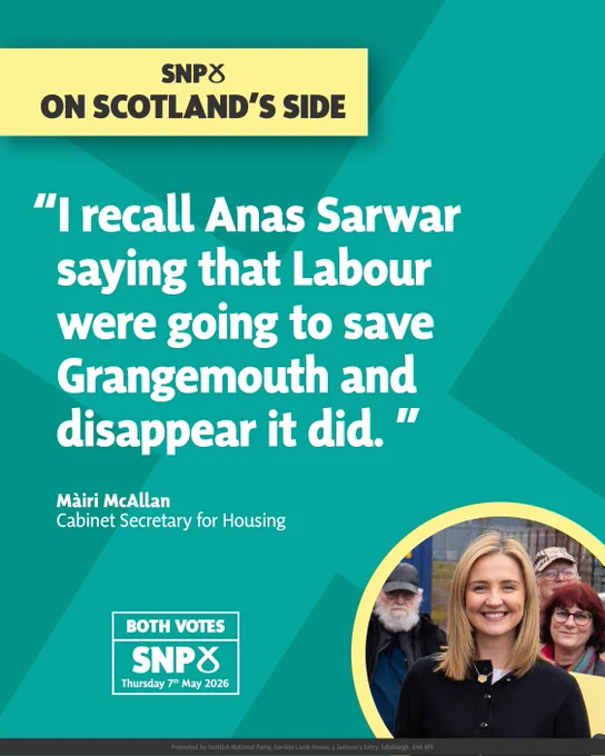 Quote from Màiri McAllan criticizing Labour for failing to save Grangemouth, with SNP branding and voting reminder for May 7, 2026.