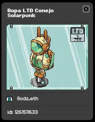 Ejemplo de una Ropa LTD Conejo Solarpunk en Habbo.es mostrando su Número de Serie y dueño