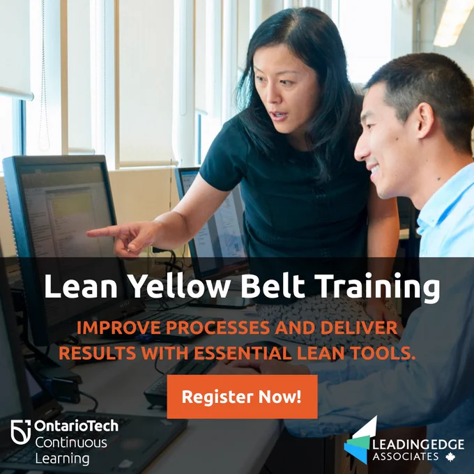 Promotional graphic for Lean Yellow Belt Training. A woman points at a computer screen while explaining a concept to a seated colleague. Large text reads "Lean Yellow Belt Training: Improve processes and deliver results with essential Lean tools," with a "Register Now!" button below. The Ontario Tech Continuous Learning logo is in the bottom left and the Leading Edge Associates Logo is in the bottom right.