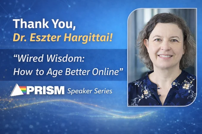 Thank you slide featuring Dr. Eszter Hargittai after her PRISM Speaker Series talk, "Wired Wisdom: How to Age Better Online", with a gratitude message and event branding.