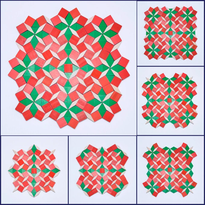 The top left main image shows a square-like geometric design created with pattern blocks. At the center is an orange square surrounded by four green triangles, four tan rhombuses, and eight orange squares. Around its center are eight flower arrangements made of four tan rhombuses, eight green triangles, and eight orange squares. The images along the bottom and on the right show the progression of the design.