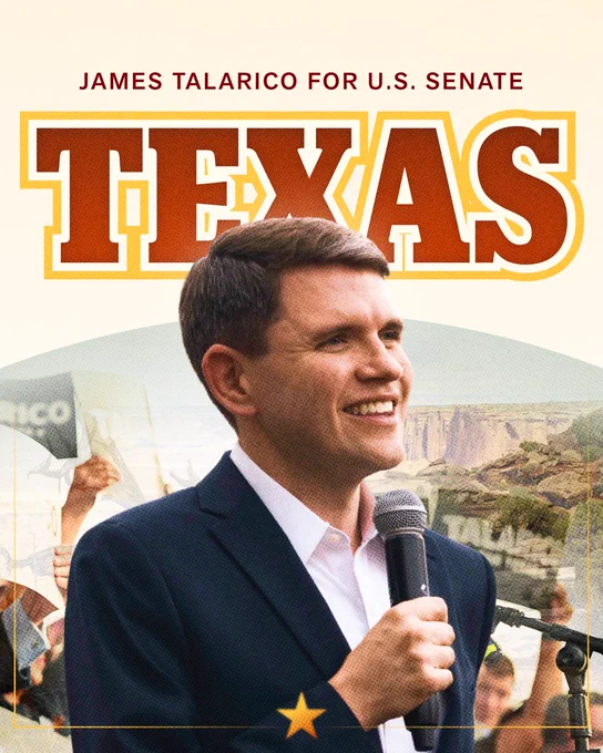 A designed social media graphic with a light yellow background. The top of the graphic features dark orange text reading, "James Talarico for U.S. Senate. Texas." Below the text, a portrait of Talarico smiling, with a microphone in hand appears. Behind him, a collage of James Talarico campaign rallies and images of Texas desert appear. Centered, at the bottom of the graphic is a lone star representing the Texas state flag.