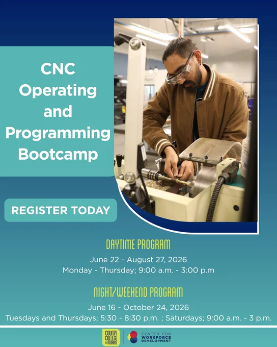 Graphic promoting County College of Morris, Workforce Development CNC Operating and Programming Bootcamp. Includes a photo of a person operating a machine in a workshop setting.