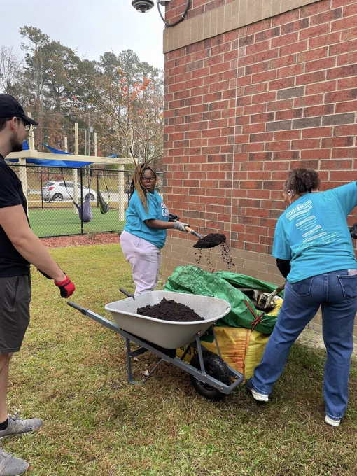 Employees shoveling mulch into a wheelbarrow