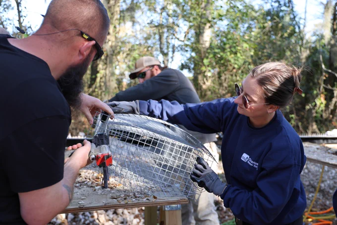 Two employees building an oyster cage