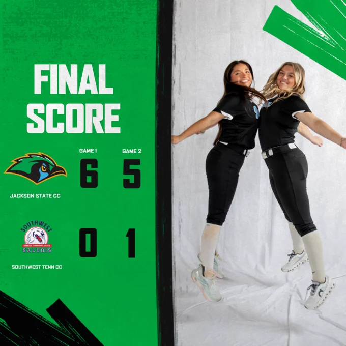 Graphic with a green background displaying “Final Score” as Jackson State Community College sweeps Southwest Tennessee CC. Game 1 score is 6–0 and Game 2 score is 5–1. The Green Jays logo and Saluqis logo are shown. On the right, two softball players in black uniforms jump in the air, celebrating.
