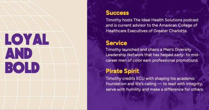 Loyal and Bold text on the left side with a globe design. Right side features text about Timothy under headers of Success, Service and Pirate Spirit.