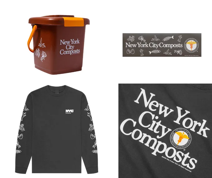 Graphic of four items from OnlyNY, including brown tabletop compost bin, bumper sticker and New York City Composts shirt.