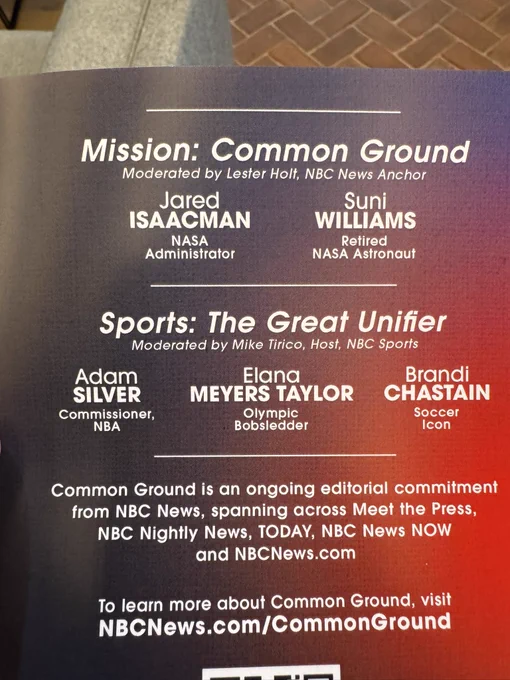 A meeting agenda that includes Jared Isaacman and Adam Silver, albeit on different panels.