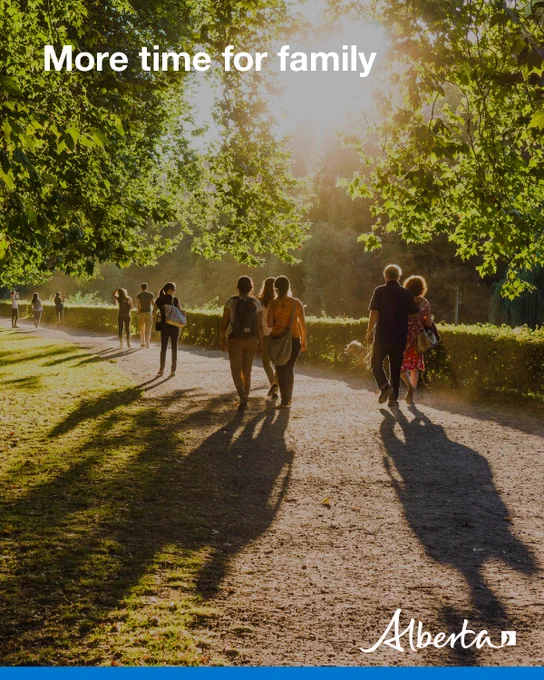 Groups of people walking in a park. Text reads More time for families.