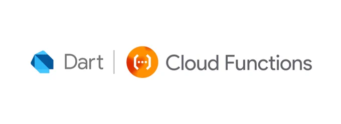 The Dart logo and the word "Dart" are positioned on the left, separated by a vertical line from an orange circle icon containing curly braces and dots followed by the text "Cloud Functions" on the right. This graphic represents the integration or support of the Dart programming language within Google Cloud Functions.