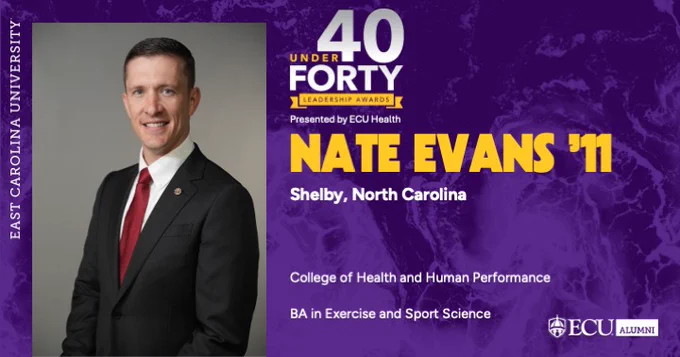 This is a promotional image for "40 Under Forty Leadership Awards" presented by ECU Health. It features an individual in formal attire on the left side. Text on the right announces "Nate Evans '11" from Shelby, North Carolina, recognized for a BA in Exercise and Sport Science from East Carolina University. The East Carolina University Alumni logo is at the bottom.