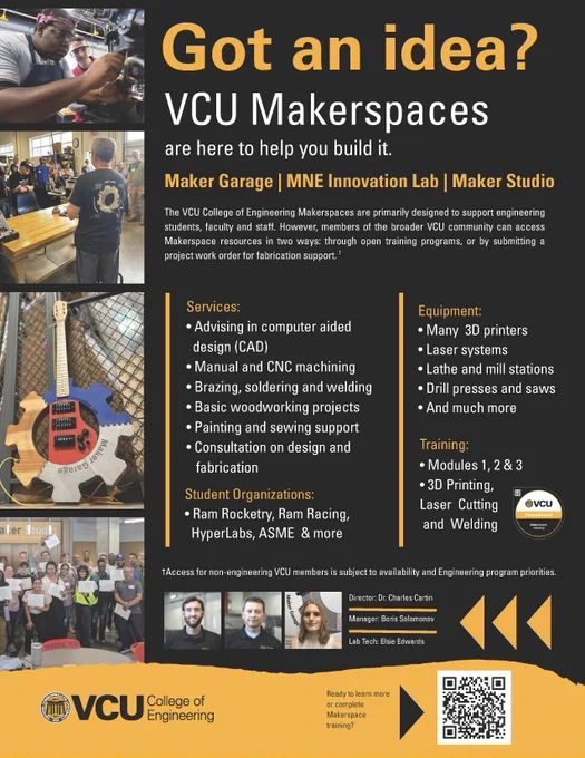 Promotional flyer for VCU Makerspaces (Maker Garage, MNE Innovation Lab, and Maker Studio). The design features a black and gold theme with photos of students working on engineering projects, a custom gear-shaped guitar, and Makerspace staff (Dr. Charles Cartin, Boris Solomonov, & Elsie Edwards). It lists services like CAD advising, machining, and welding, along with equipment including 3D printers and laser systems. A QR code at the bottom links to training information, including a badge you can earn.