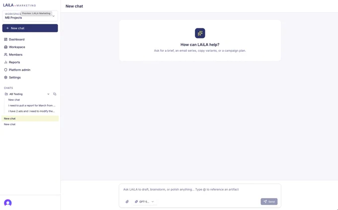 Screenshot of LAiLA an agentic marketing platform built by Arcsec Digital.