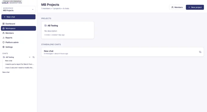Screenshot of an A/B testing page from LAiLA, an agentic marketing platform built by Arcsec Digital. 
