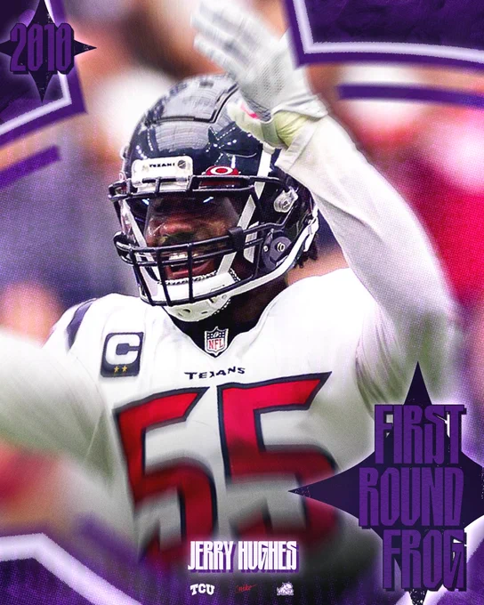 Stylized graphic of Jerry Hughes in a Houston Texans uniform, against a blurred stadium background. Purple TCU-themed design elements frame the image, with “2010” in the top corner and “First Round Frog” text on the right appears with TCU branding.