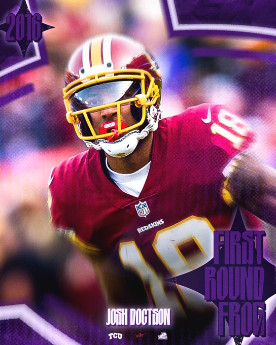 Stylized graphic of Josh Doctson in a Washington uniform, against a blurred stadium background. Purple TCU-themed design elements frame the image, with “2016” in the top corner and “First Round Frog” text on the right appears with TCU branding.