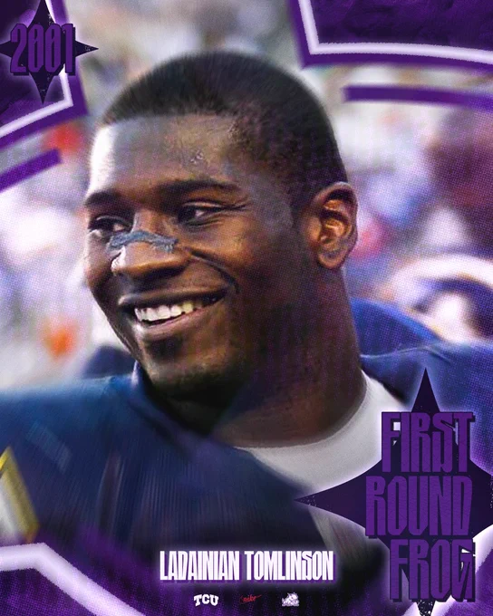 Stylized graphic of LaDainian Tomlinson in a San Diego Chargers uniform, against a blurred stadium background. Purple TCU-themed design elements frame the image, with “2010” in the top corner and “First Round Frog” text on the right appears with TCU branding.