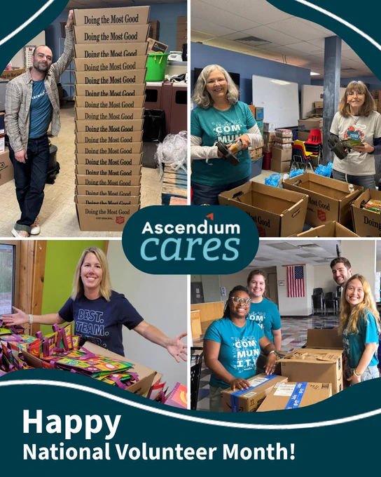 This image shows Ascendium employees participating in Volunteer Time Off (VTO), commemorating National Volunteer Month. In the middle of the image is the Ascendium Cares logo. 