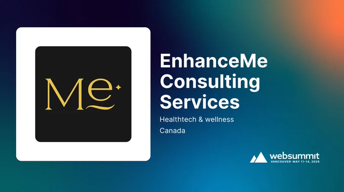 Blue gradient promotional card featuring EnhanceMe Consulting Services, labeled as a healthtech and wellness company from Canada, announcing participation in Web Summit Vancouver.