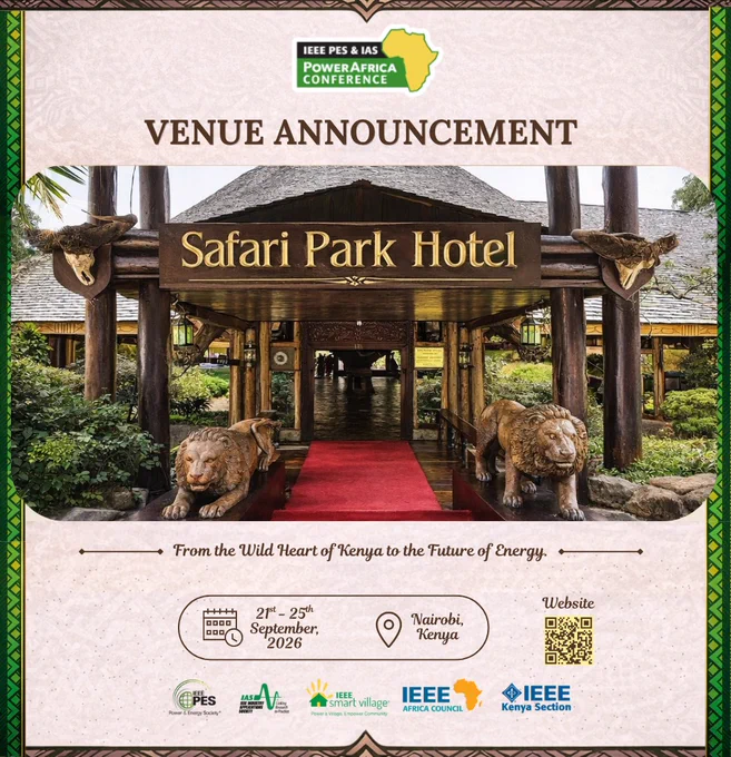 We are pleased to announce that the IEEE PowerAfrica Conference 2026 will be held at the Safari Park Hotel in Nairobi, Kenya.
📅 Important Dates
 📝 Paper Submission Deadline: Thursday 30 April 2026
 👉 Submit here: https://lnkd.in/d-RSGznp
 📅 Conference Dates: 21–25 September 2026
 🌐 Conference Website
 👉 https://lnkd.in/eTfJQBz
We warmly encourage you to submit your research papers and kindly invite your colleagues and peers to contribute as well. Looking forward to your participation!