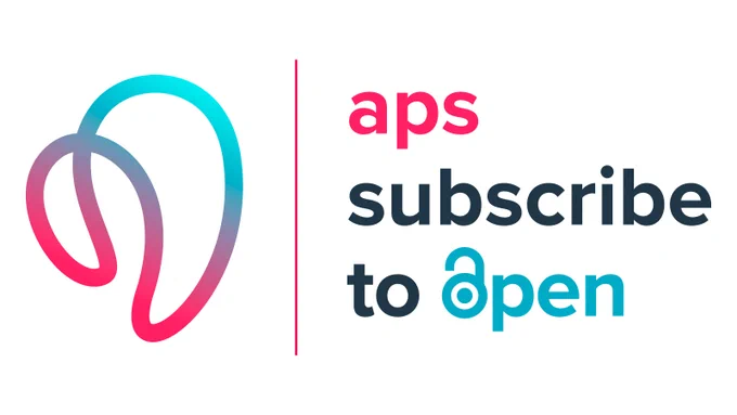 Colorful mobius squiggle next to text reading 'aps subscribe to open' with an open lock icon replacing the letter o in open.