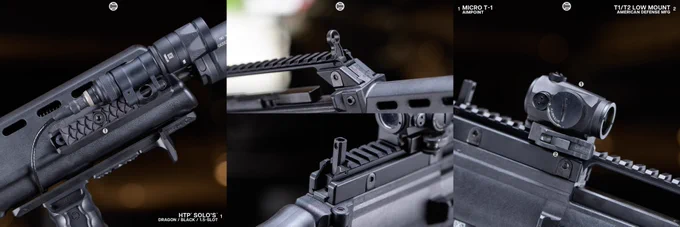 RailScales QTR-LT Stop, RSB/M M-LOK VFG, HTP Solo's M-LOK Scales (Dragon, Black, 1-Slot & 1.5-Slot), G36 GIP MLOK Rails (Short & Long), Halftop Mount for Scout Light Pro Lights | Heckler & Koch G36KA4 IdZ, S5 Tactical SG-36 Receiver, HK SL8/G36 Sight Rail w/ Flip Up Sights (PN: 202961), HK G36 IDZ Concave Stock (PN: 211116), HK G36 30rd Magazine, Aimpoint Micro T1 RDS w/ American Defense MFG T1/T2 Low Mount, B&T MARS 5.56 QD Suppressor, Surefire M340V-Pro Scout Light Pro IR Light w/ CSM-07 Switch. 