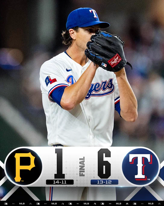 Final Score Graphic 4/23/26
Pittsburgh Pirates 1 (14-11) - Texas Rangers 6 (13-12) 
Pictured: Jacob DeGrom readies to throw a pitch. He is wearing a white Texas Rangers jersey with blue lettering and a blue cap.