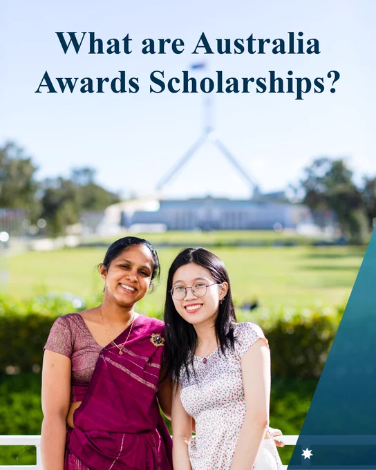 Two women stand together smiling with Parliament House Canberra in the background with text: What are Australia Awards Scholarships? 