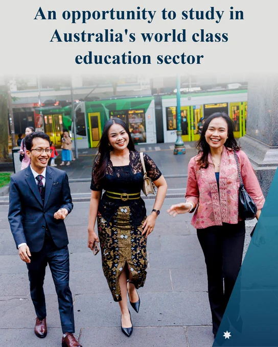Three scholars in formal dress walk away from a Melbourn tram smiling with text: An opportunity to study in Australia’s world class education sector 